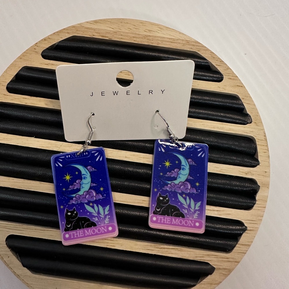 Blue and Purple Moon Tarot Cat Earrings
